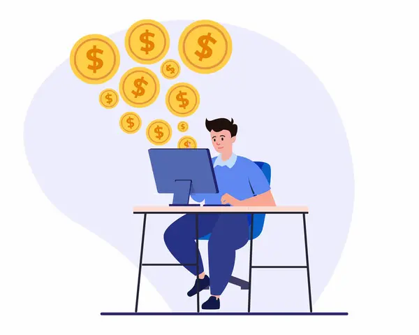 Freelancer Works Laptop Receives Salary Profit Passive Income Concept — Stock Vector