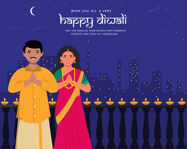 Indische Familie Feiert Und Wünscht Happy Diwali Festival India Grußkarte — Stockvektor