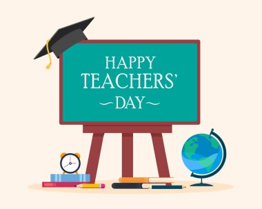 Okul teçhizatıyla mutlu öğretmenler günü kara tahta, kitaplar, dünya, mezuniyet şapkası geçmişi.