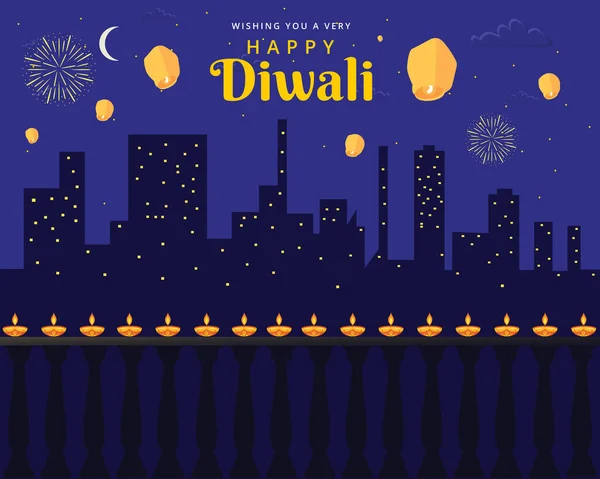 Celebrando Dia Festival Indiano Diwali Com Lanternas Papel Laranja Flutuando — Vetor de Stock