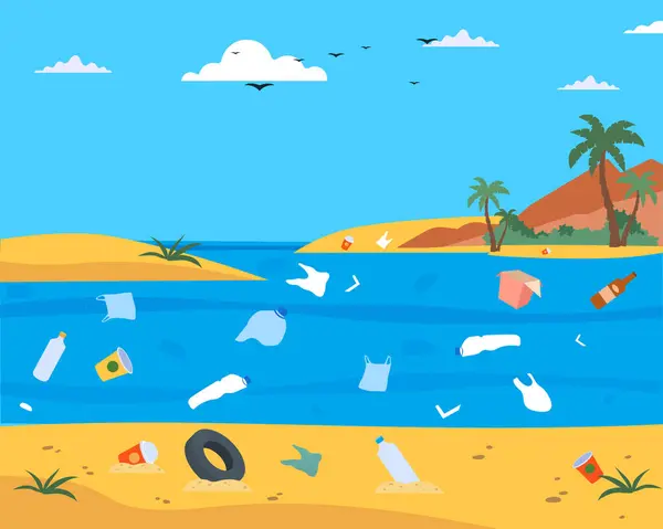Ecological Disaster Plastic Waste Sea Polluted Nature Landscape Background — Stock Vector