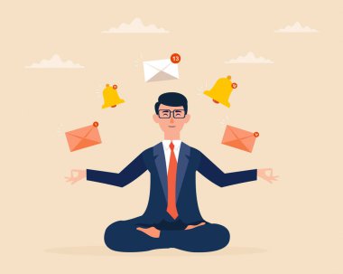 Padmasana Lotus 'ta oturan bir iş adamı, postaların etrafında uçarken, birden fazla görevde uçarken, yoga yaparken, meditasyon yaparken,