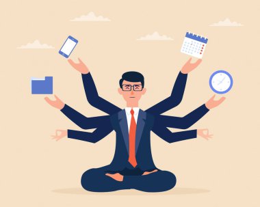 Etkili çoklu görev ve çoklu görev ve zaman yönetimi kavramı için meditasyon yapan genç iş adamları