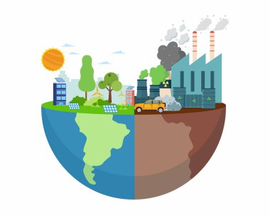 clean and polluting electricity generation production Half world of polluted and green environment background Global warming and climate change concept clipart