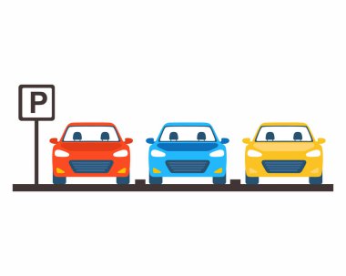 Şehir otoparkında düz stil, vektör illüstrasyonlu arabalar var..