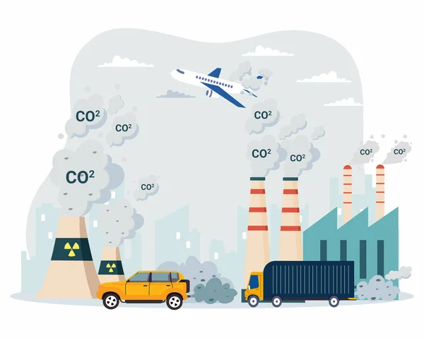 二酸化炭素排出量 工場産業による世界的な大気汚染により有毒ガスが発生 — ストックベクタ
