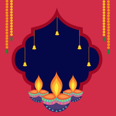 Geleneksel Mutlu Diwali puja tasarımı Diya, kadife çiçekleri Hindu festivali çizimi.