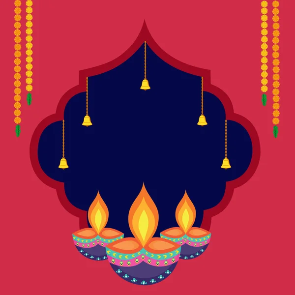 Disegno Tradizionale Felice Puja Diwali Con Diya Fiori Calendula Illustrazione — Vettoriale Stock