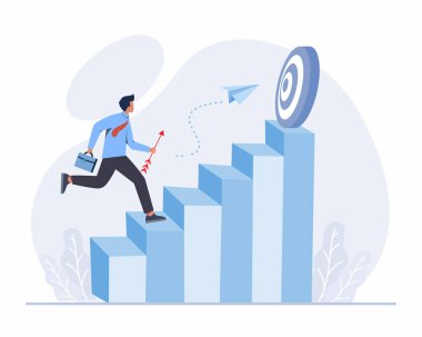 Evrak çantalı bir iş adamı iş geliştirme konseptinde başarı elde etmek için merdivenleri hızla çıkıyor.