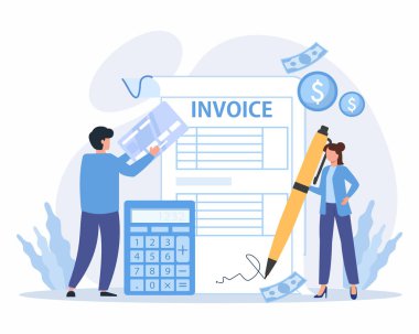 Company employee worker with invoice paper reports about VAT, payroll and paid money Online payment and accounting clipart