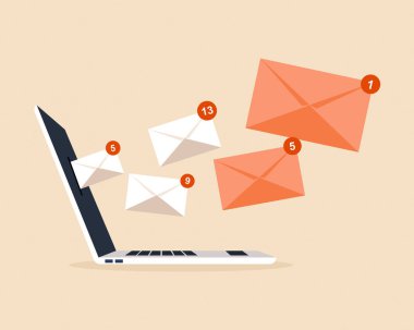 Birden fazla e- posta bildirimi içeren dizüstü bilgisayar, e- posta gönderme veya alma kavramı içeren online iletiler