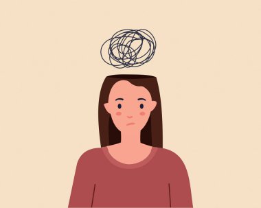 Mutsuz kadın anksiyete, zihinsel bozukluk, düşünce karışıklığı panik atak konsepti..