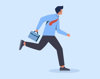 Evrak çantasıyla koşan bir işadamının resmi. Geç kalmış iş adamı, zamanında yetişmek için acele ediyor..