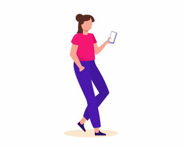 Genç kadınlar düz telefon tarzı vektör çizimine bakarlar..