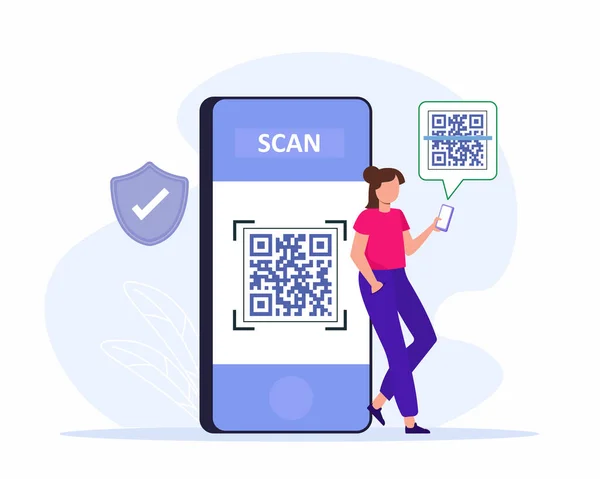 Woman Uses Cell Phone App Scan Code Barcode Reader Cashless — Stock Vector