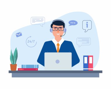 Kulaklık takan adam mikrofonu ile online global teknik destek 24 7 müşteri hizmetleri desteği veya çağrı merkezi 