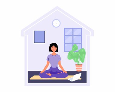 Sağlıklı yaşam tarzı ve evde yoga konsepti için evde yoga yapan bir kadın.