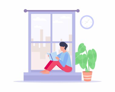 Okuma kız pencere eşiğinde oturan öğrenci sınav vektörü illüstrasyonuna çalışıyor ya da hazırlanıyor