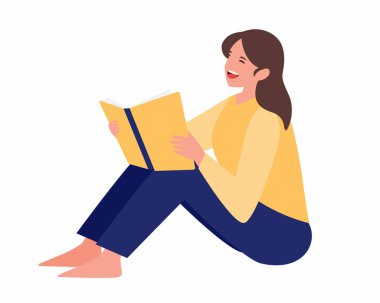 Genç bir kadın yerde oturmuş kitap okuyor. Genç bir kadın yerde oturuyor ve kitap okuyor.