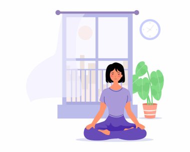 Evde yoga egzersizi yapan genç bir kadın. Evde kalıp konsept vektör illüstrasyonunu düz bir şekilde yapın.