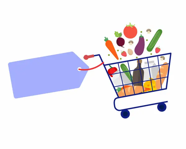 Zakupy Spożywcze Sprzedażą Koszyk Reklamowy Pełen Artykułów Spożywczych Zniżką — Wektor stockowy