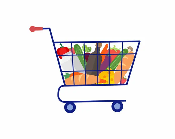 新鮮な食料品が付いているショッピング トロリー カート オンラインスーパーマーケットのショッピング — ストックベクタ