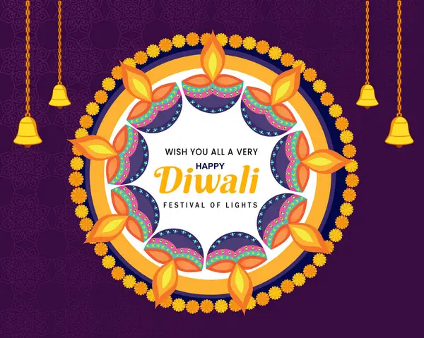 Happy Diwali Rangoli Avec Lampe Huile Sur Fond Violet Pour — Image vectorielle