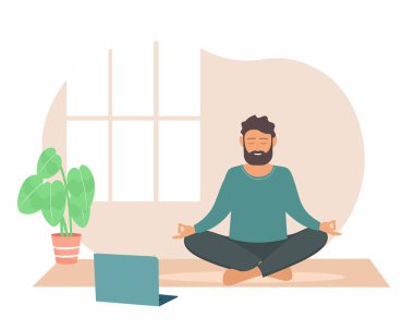 Evde yoga meditasyonu yapan erkekler evde online eğitmen sağlığı ve sağlıklı yaşam tarzıyla