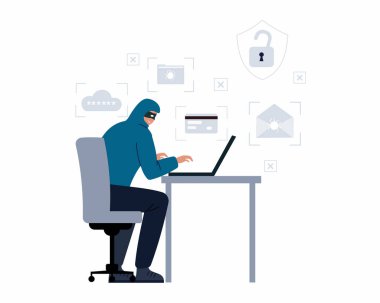 Bilgisayarlı bir bilgisayar korsanı banka bilgilerini çalmaya çalışıyor kişisel kredi kartı verileri siber suçlar ve siber güvenlik vektör çizimleri.