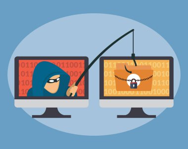 Kullanıcı özel veri klasörlerini çevrimiçi siber suç vektör illüstrasyonuyla çalan bilgisayar ekranındaki hackerlar