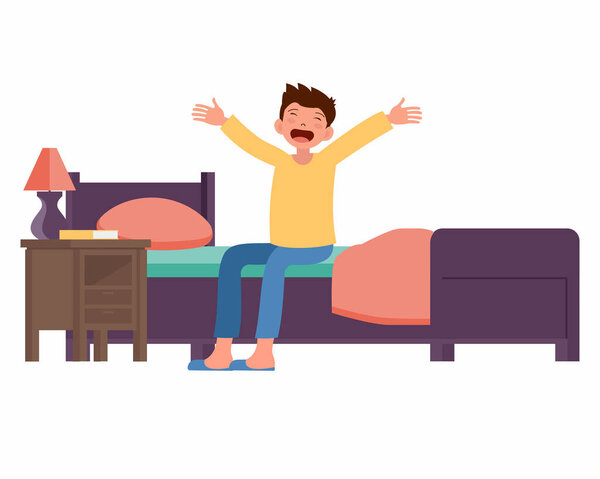 Счастливые юноши просыпаются утром и растягивают плоские векторные иллюстрации.