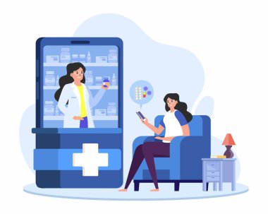 Çevrimiçi eczane müşterisi kanepeye oturup çevrimiçi kadın eczacı doktor ilaçları sipariş ediyor. İlaçlar ve hap vektör çizimleri..