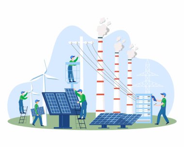 Güneş enerjisi santrali bakım işçisi güneş panelinin yakınındaki merdiven üzerinde yenilenebilir güneş paneli kurmak için duruyor..