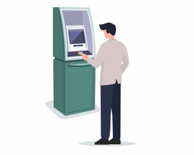 ATM makinesinin yanında duran müşteri ve para çekme dijital banka hizmeti çizimi