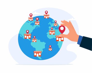 İş adamı, dünya haritasına yeni şube broşu yerleştirdi küresel açık vektör illüstrasyonunun yeni şubesi