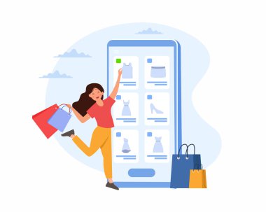 Çevrimiçi alışveriş yapan ve alışveriş torbaları taşıyan mutlu kadınlar sanal bir mağaza vektör illüstrasyonunda satın aldıkları malları taşıyorlar..