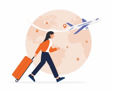 Seyahat eden kadın turist hava sade vektör illüstrasyonuyla kürtaj oluyor.