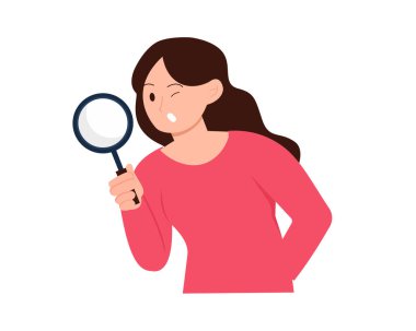 Kadın veri sörfü için büyüteç kullanıyor. Düz vektör çizimi.