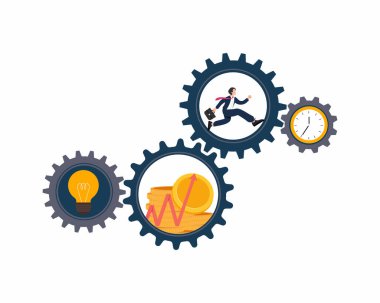 İş adamı başarı fikirlerine atlıyor dişli dişli dişli taktiği hedef simgelere ulaşmak için