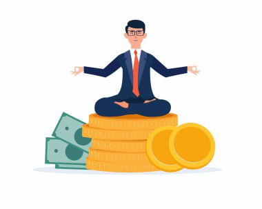 Yogada para yığını üzerinde oturan bir işadamı mali ve ekonomik büyüme vektörü çizimi yapar.