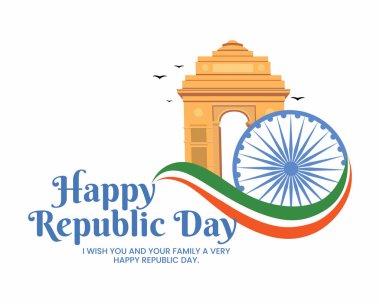 Hindistan 'da mutlu Cumhuriyet Günü kutlamalarının temsilcisi. 26 Ocak Hint bayrağı Ashoka çakra tasarımı ve uçan güvercin ile Hindistan kapısı.