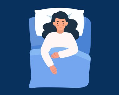 Uykusuzluk çeken bir adam. Uykusuz bir gece. Gözleri açık, yatak vektörü çiziminde yatıyor.