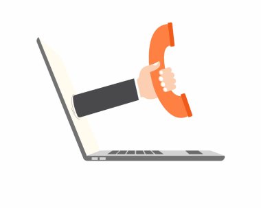 Bilgisayardan gelen el ele tutuşan telefonla bize vektör illüstrasyonuyla bağlantı kurun..