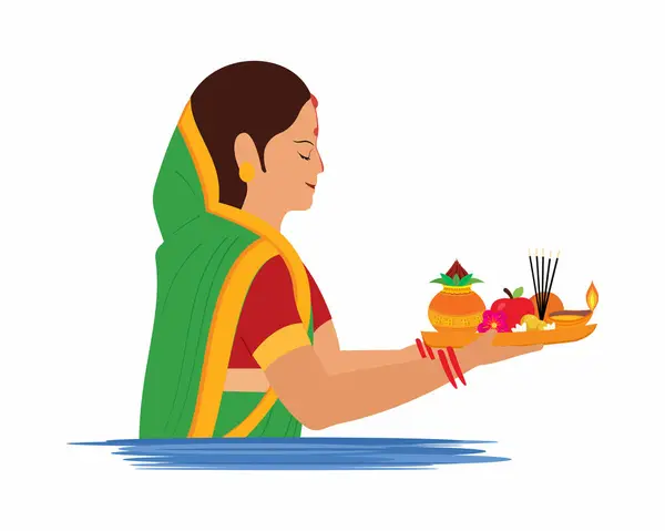 stock vector Indian Women doing prayer of sunrise and bathing in holy river Happy Chhath Puja festival of Bihar, India