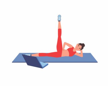 Çevrimiçi yoga dersi alan kadınlar sağlıklı yaşam tarzı ve sağIık yassı tarzı vektör çizimi.