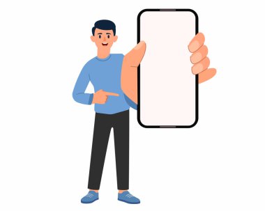 Genç adam reklam, sunum bilgileri ve boş ekran vektör illüstrasyonları için telefon ekranı gösteriyor