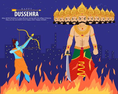 Dusshera Lord Ram 'ın Dussehra' da Ravan 'ı okla öldüren mutlu Vijayadashami ve Navratri festivali tebrik kartı.