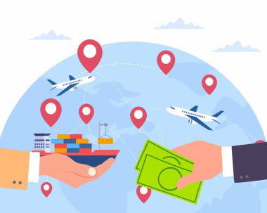 Uluslararası ithalat ihracat ticaret pazarı ve para ve mal değişim vektör ilüstrasyonuyla şirket ortaklığı