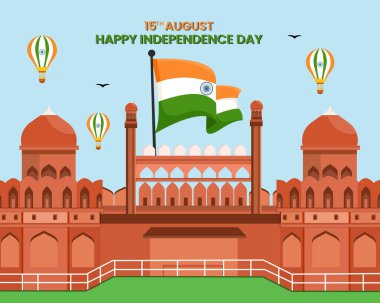 red fort background with flying air balloon for 15 august happy independence day of India. clipart