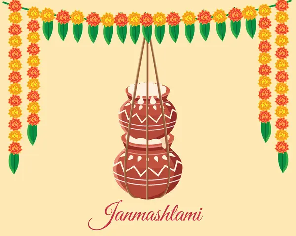 stock vector hanging pot filled with makhan dahi handi krishna Janmashtami toran background